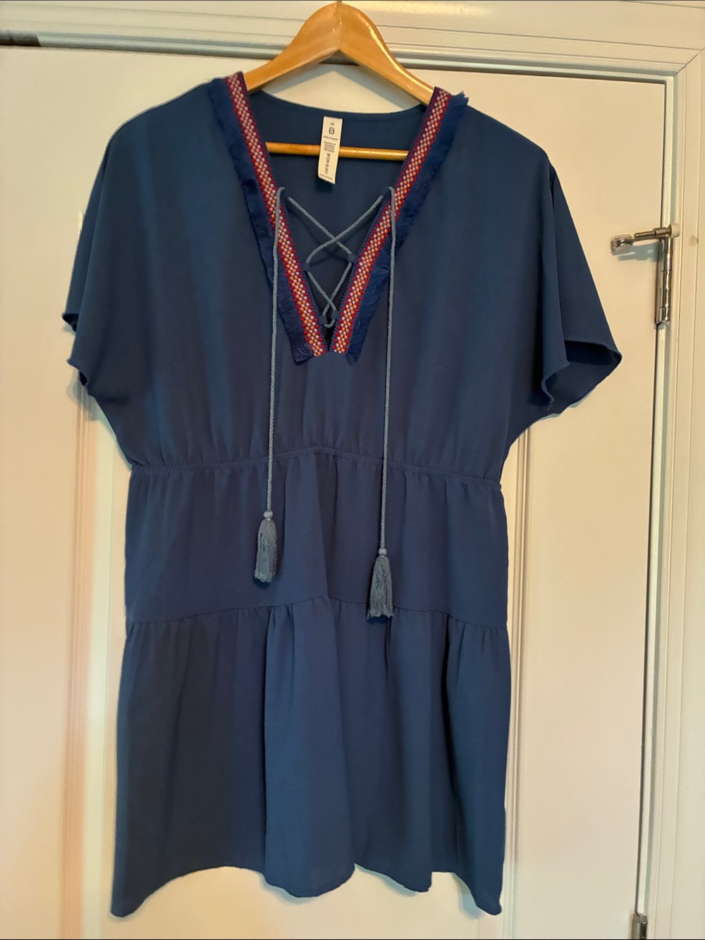 Navy Blue Lace-Up Tassel Swim Coverup